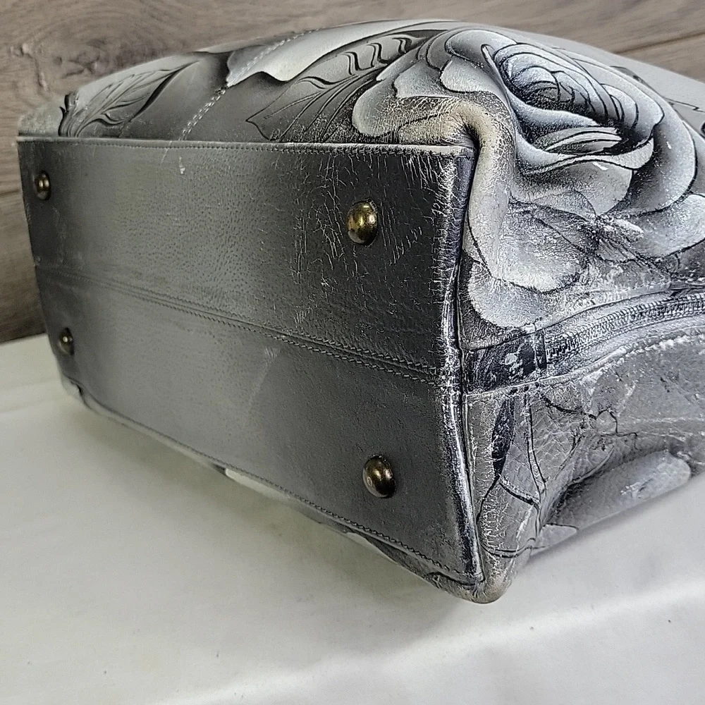 Anuschka Black and Gray Floral Leather Handbag